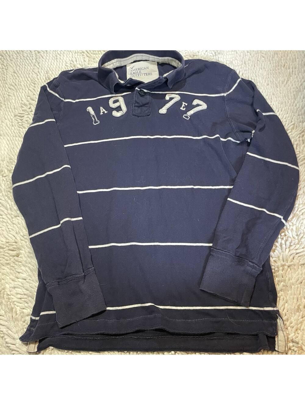 Y2K American Eagle Outfitters Men's L Navy Blue Striped Long Sleeve Polo Shirt